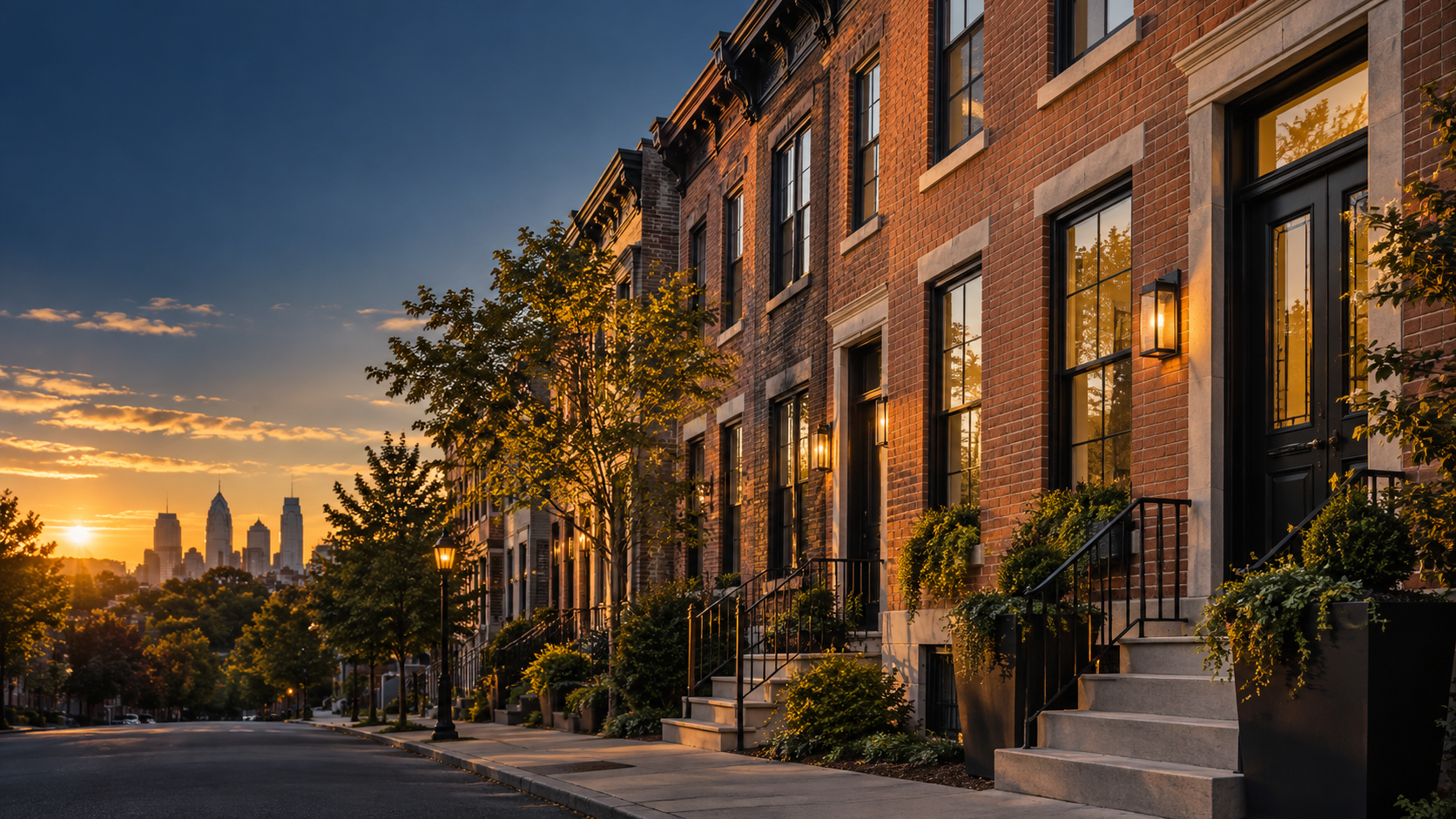Renovated Philadelphia rowhomes in warm evening light